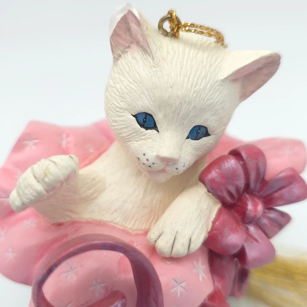 Lenox Holiday Mischief Cat Ornament 1998 White Kitten Teal Pink Vintage‎ Whimsy